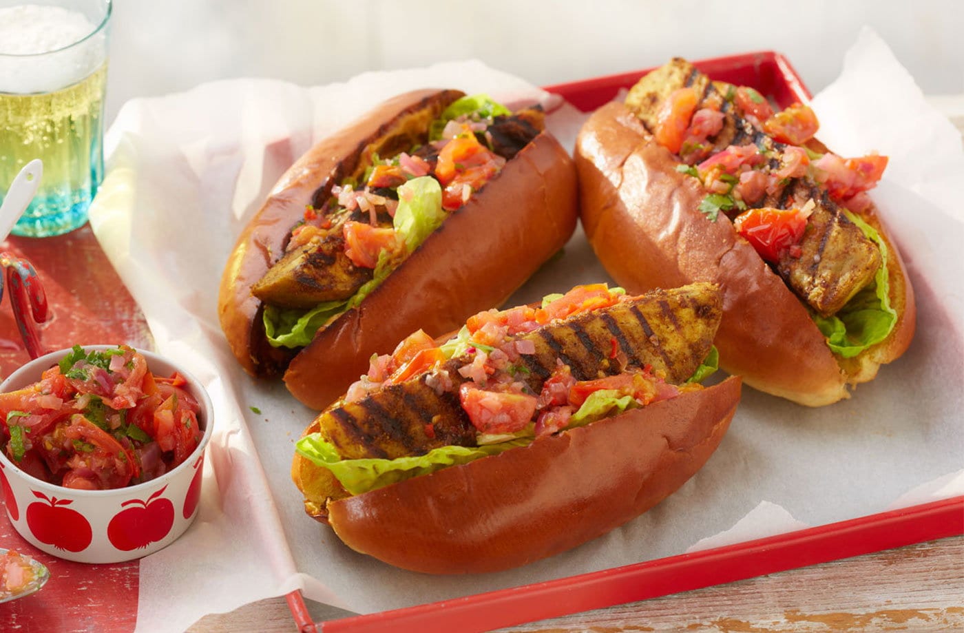 Spiced aubergine hot dogs with hot salsa