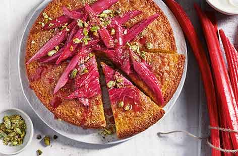 Image of "Warm orange cake with roasted rhubarb"