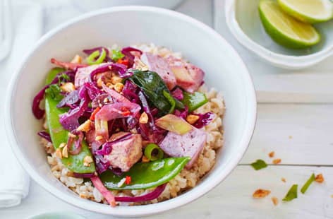 Image of "Thai tofu and red cabbage rice bowl"