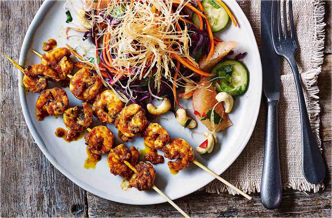 Thai prawn skewers with grapefruit salad