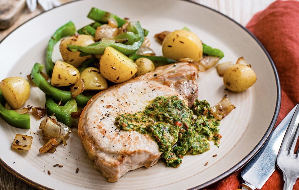 Pork steaks with mojo sauce and Cuban potatoes