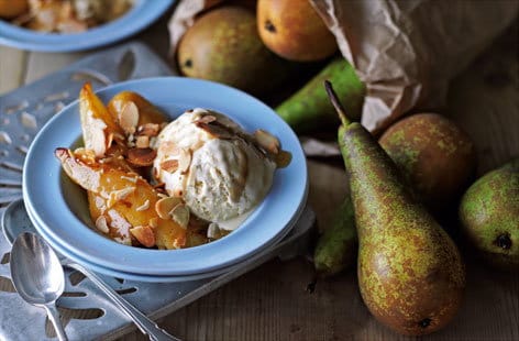 Image of "Pan-fried pears with salted caramel sauce and vanilla ice cream"