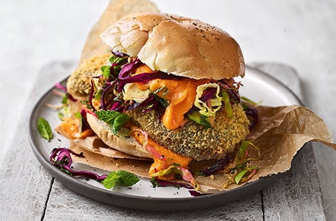 Image of "Crispy aubergine sandwich with sprout slaw and sweet potato ‘mayo’"