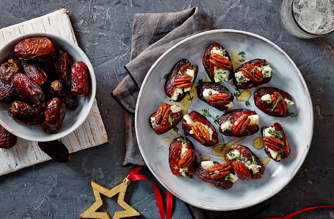 Blue cheese stuffed dates with maple pecans