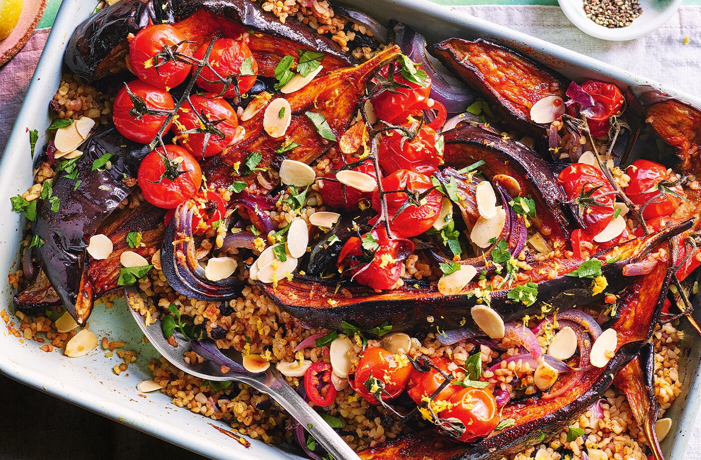 Smoky aubergine and bulgur wheat