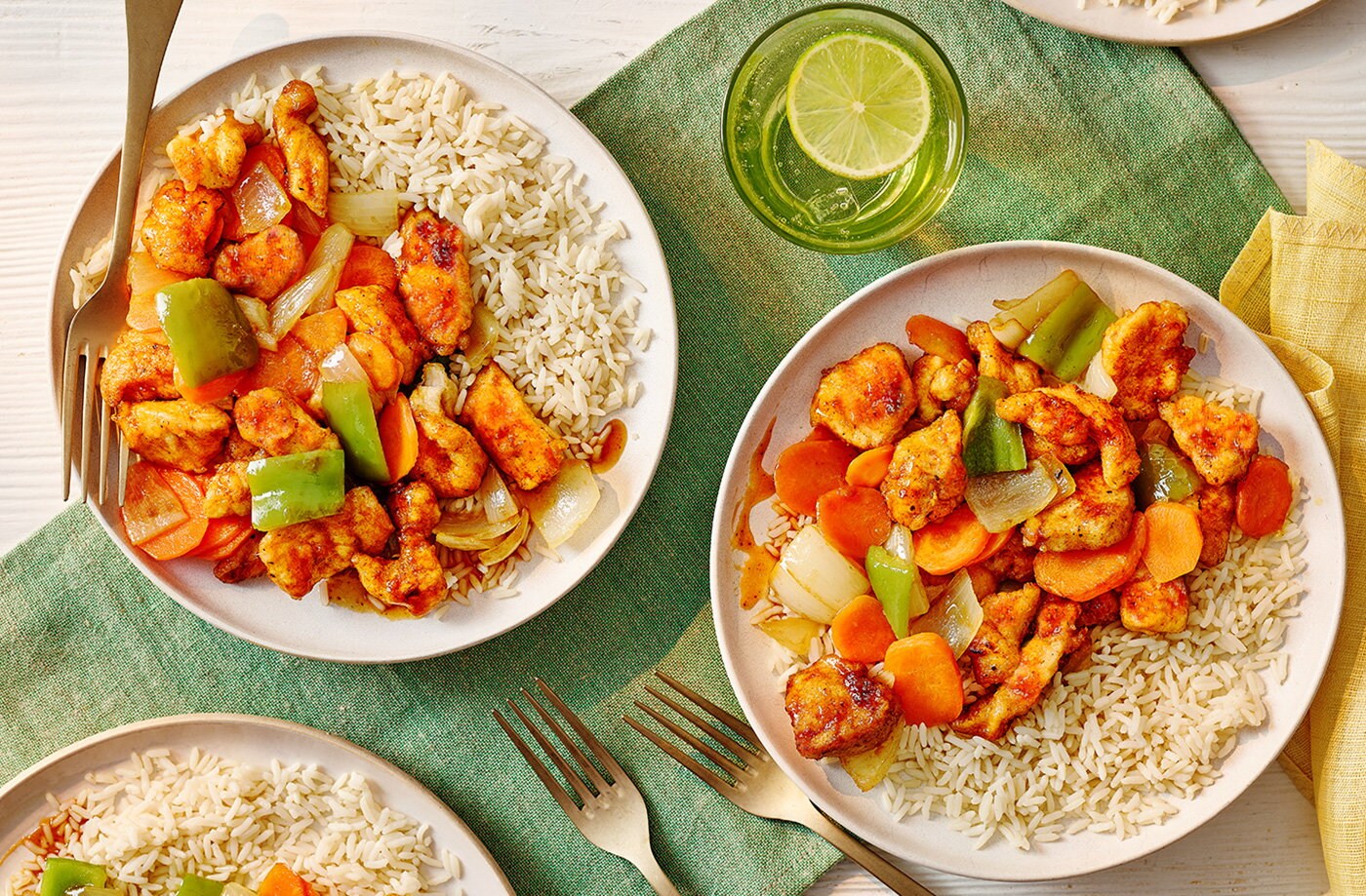 Chinese-style orange chicken with rice