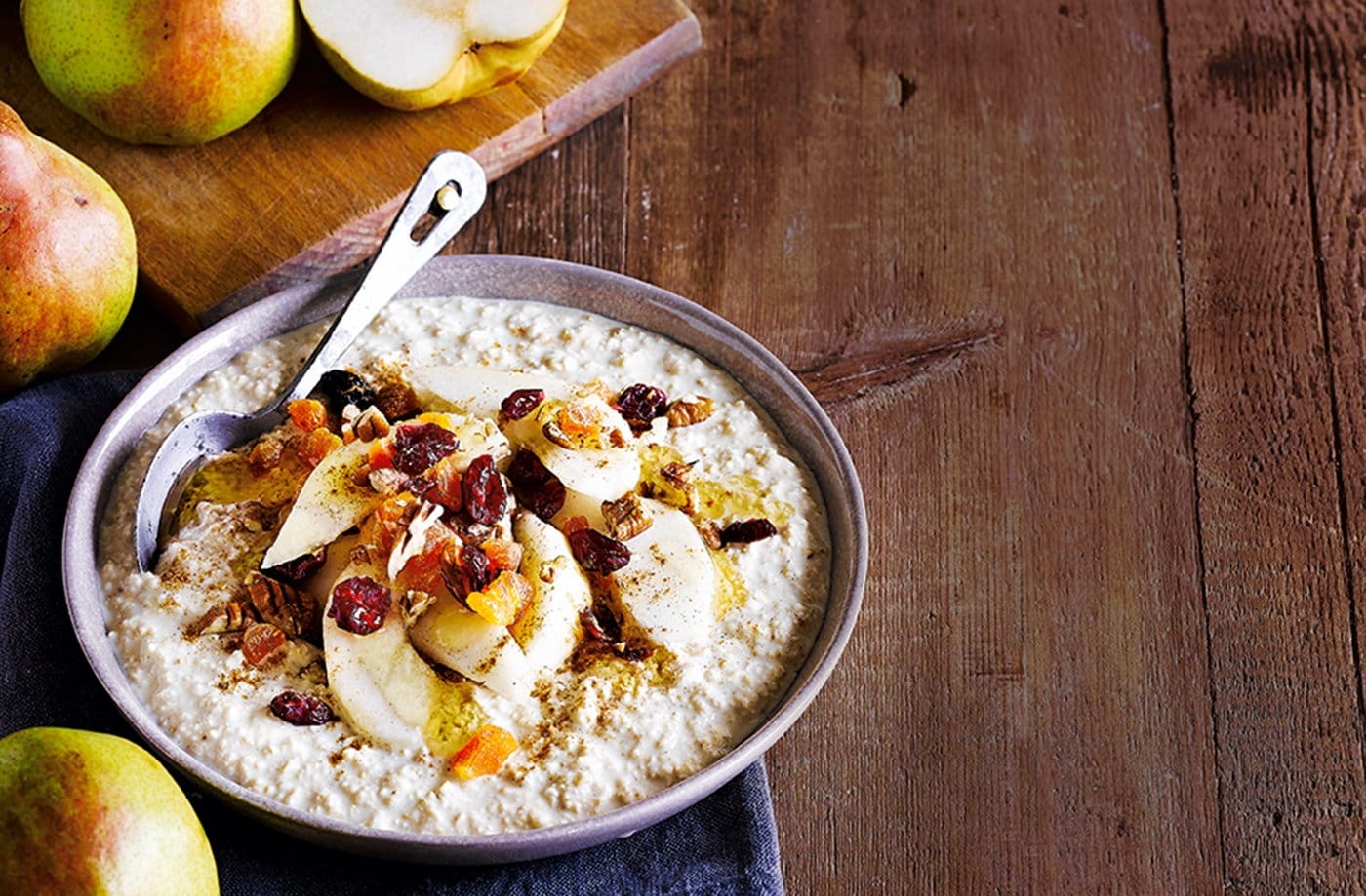Bircher muesli with pears, maple syrup and cinnamon