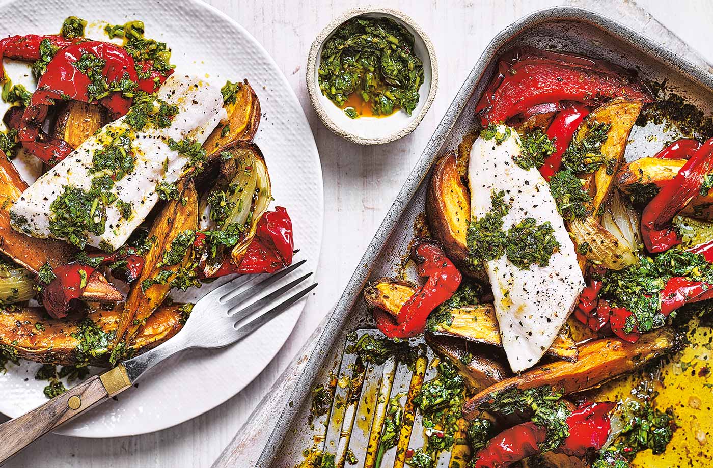 Chimichurri fish traybake