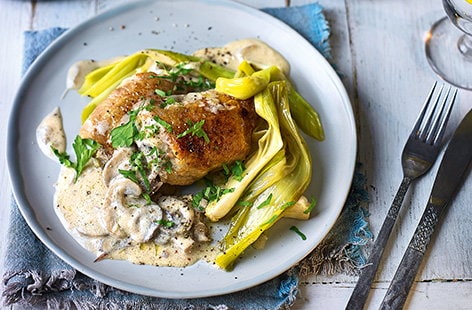Image of "Crispy chicken with creamy mushrooms and braised leeks"