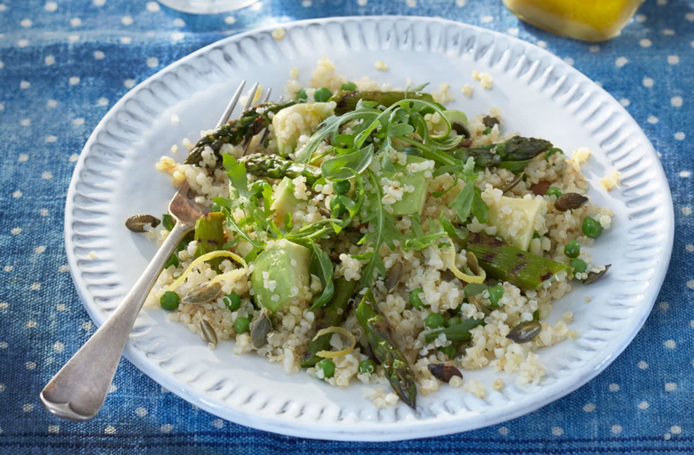 Quinoa with griddled asparagus and peas