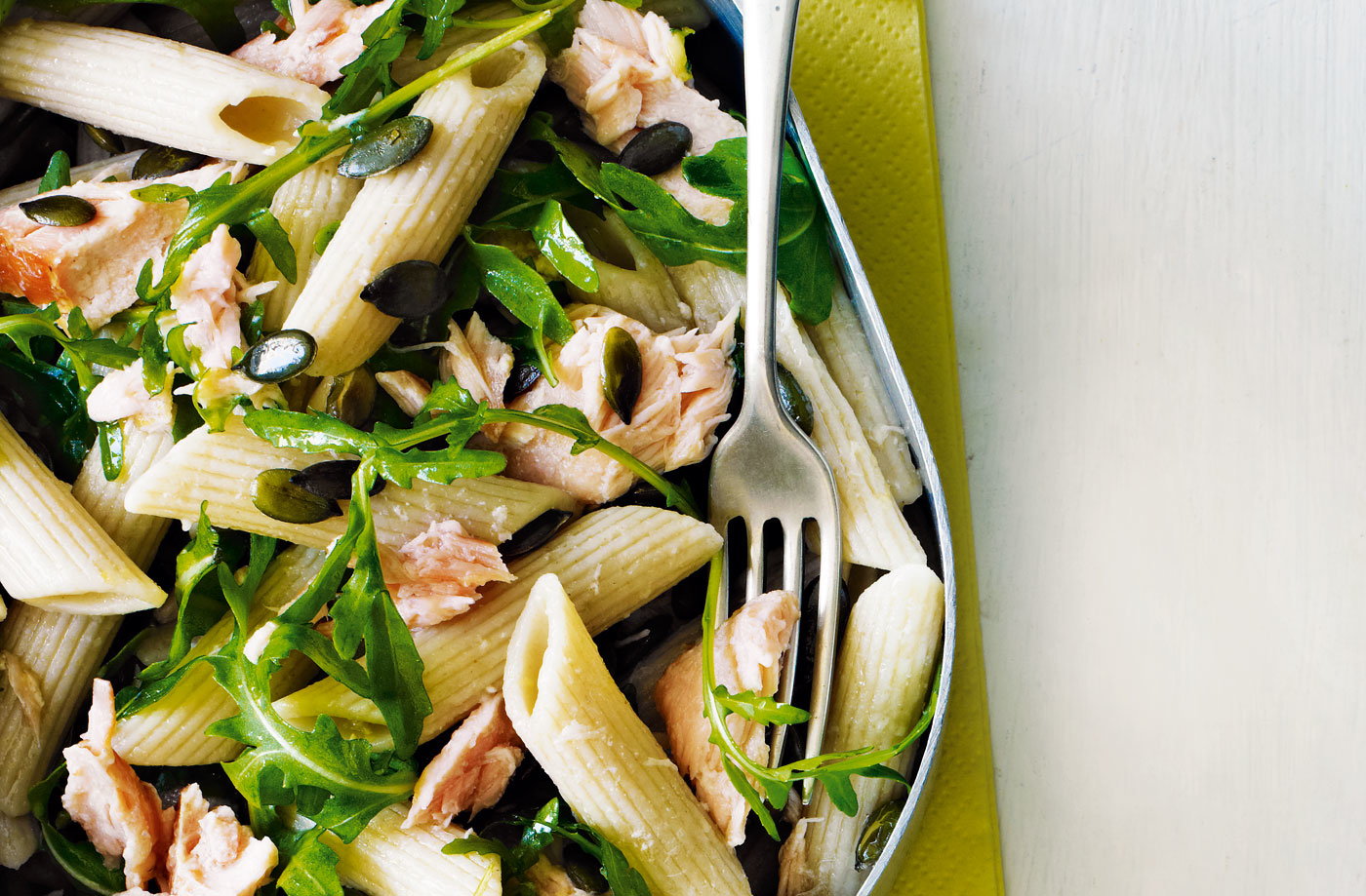 Hot smoked salmon and rocket pasta salad