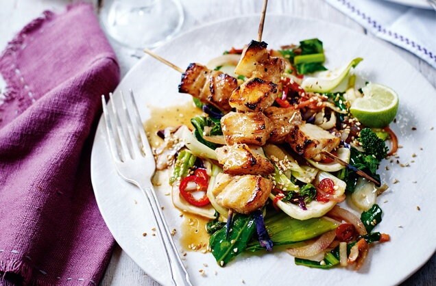 Miso-cod skewers with sesame greens