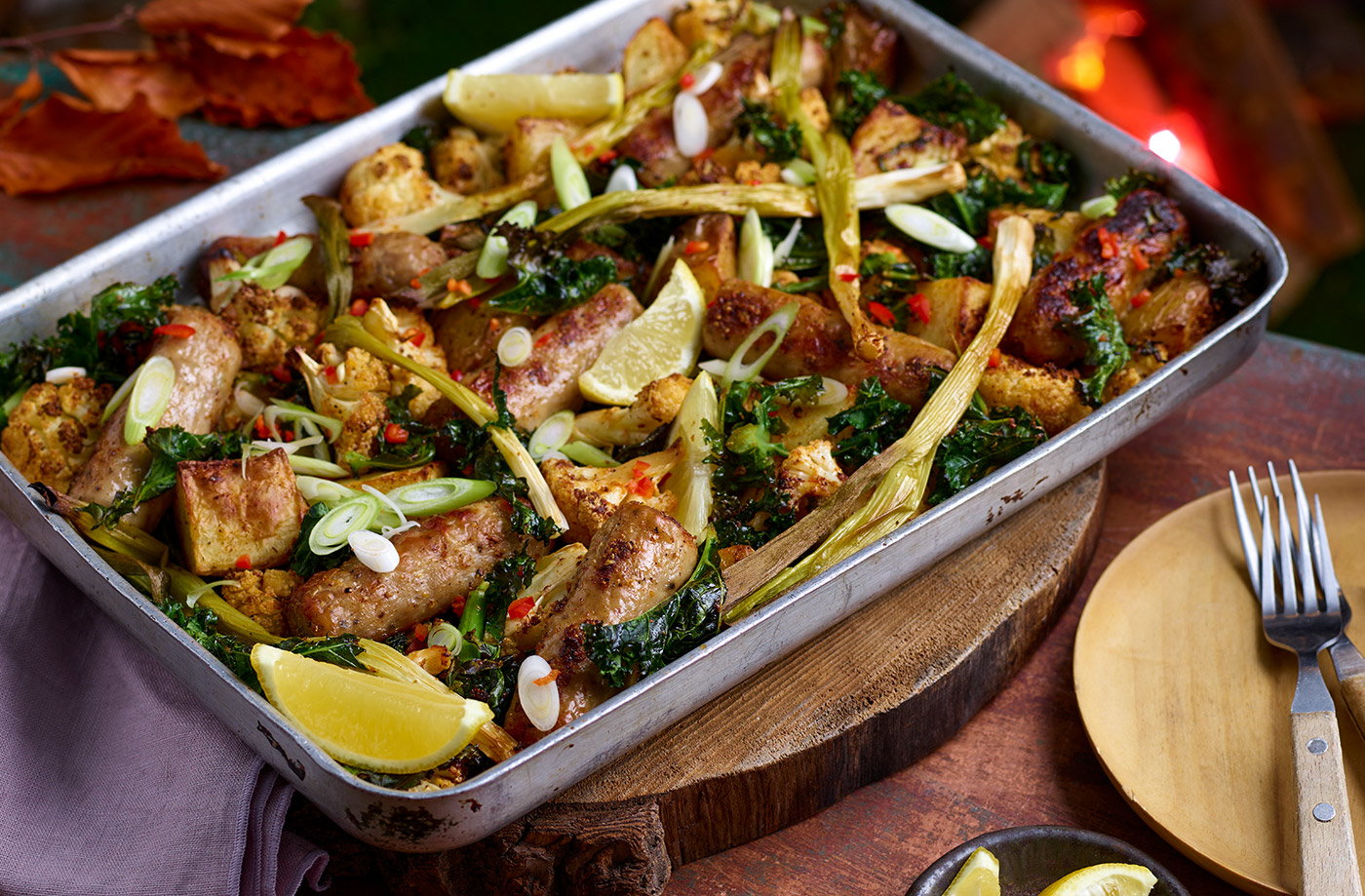 Smoky sausage traybake