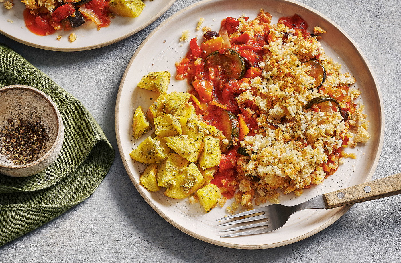Ratatouille 'crumble' with pesto potatoes