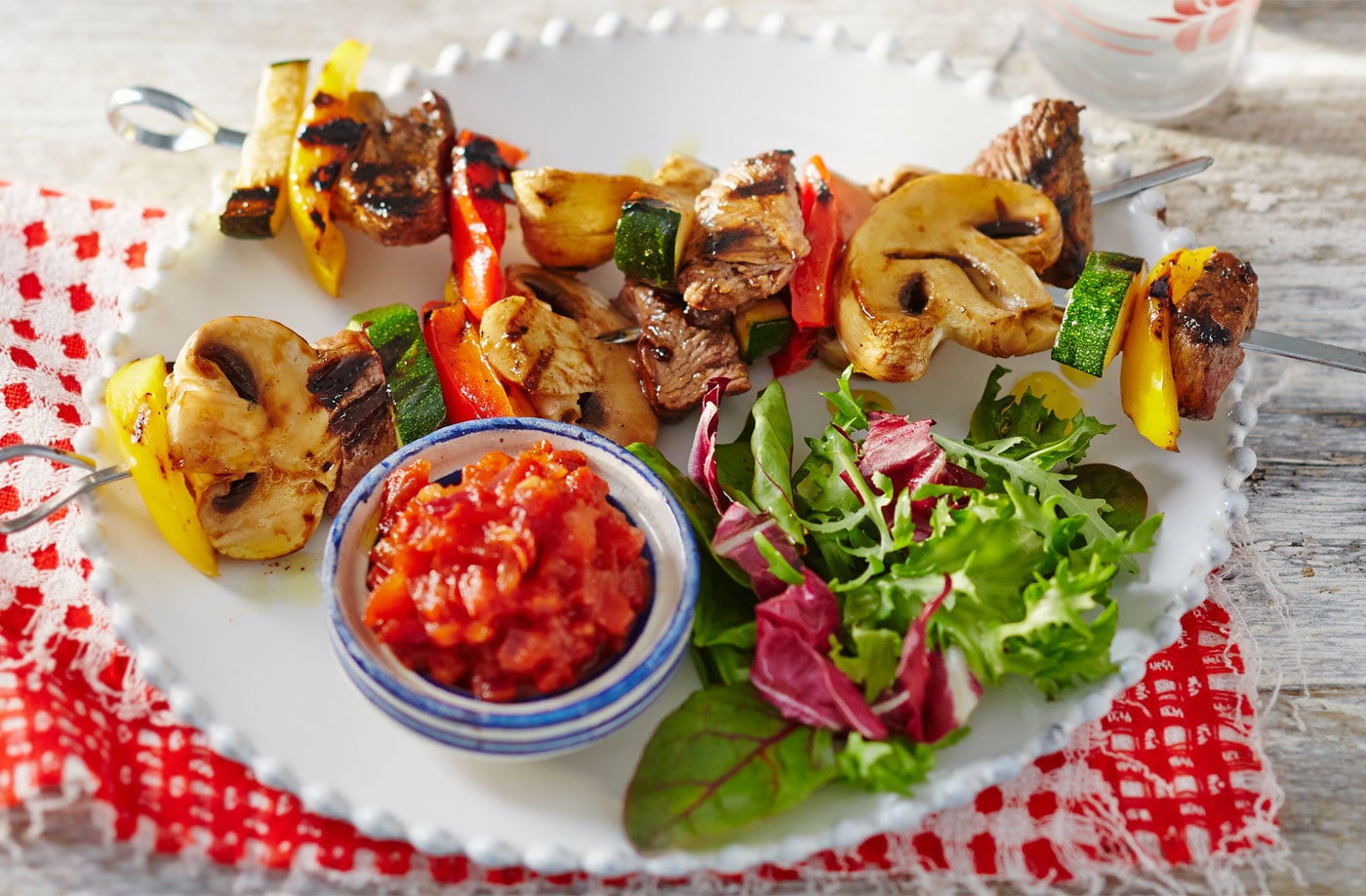 Cola lamb kebabs with spicy tomato relish