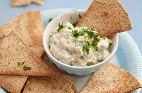 Image of "Bumpy beany dip with homemade tortilla chips"