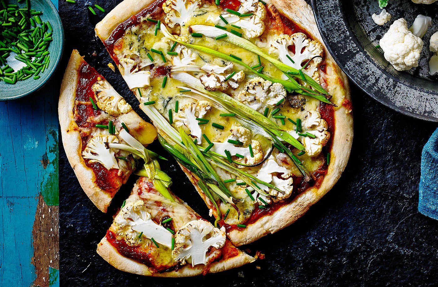 Buffalo cauliflower and blue cheese pizzas