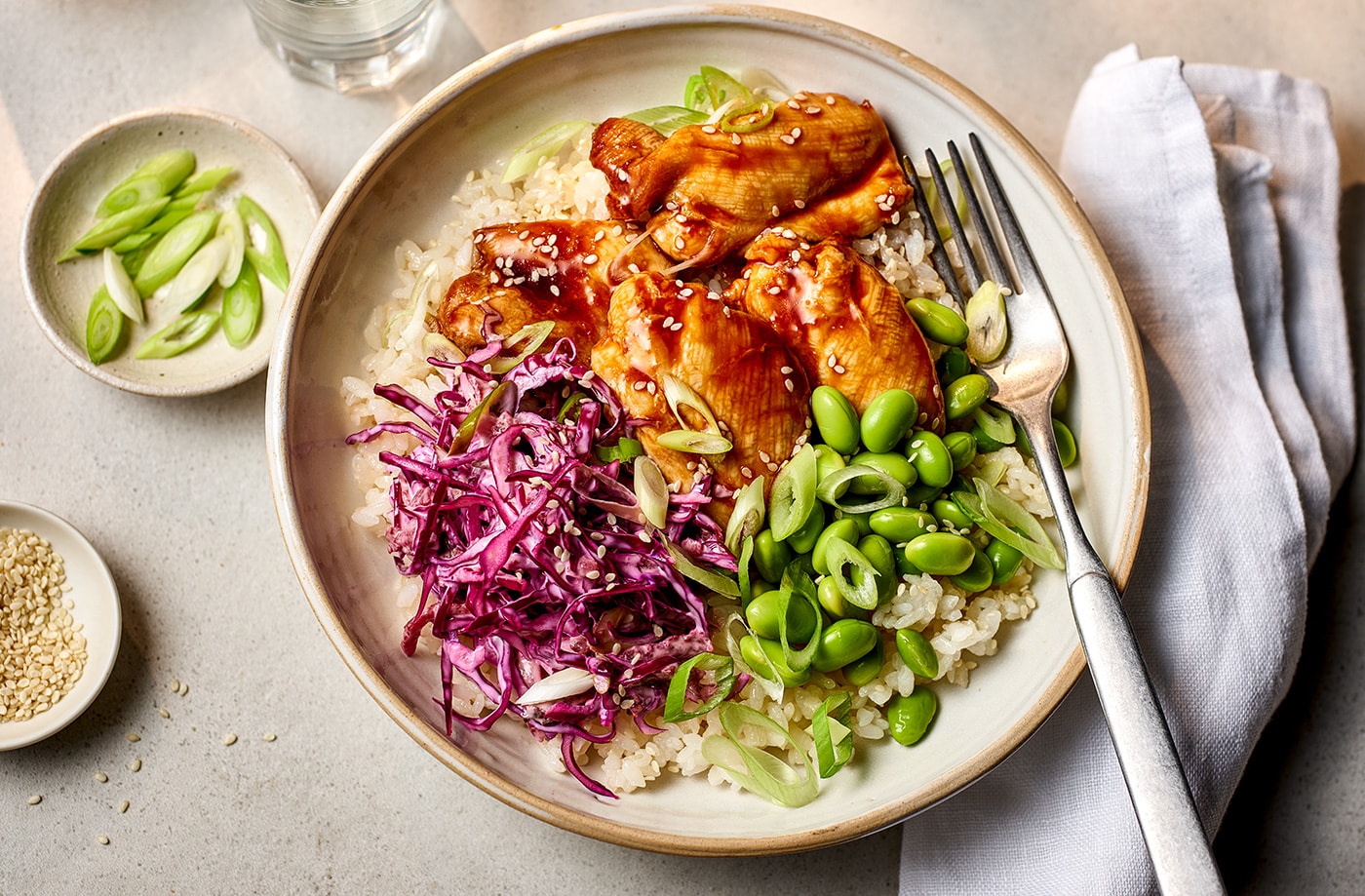 Scott’s chicken teriyaki rice bowl with beetroot and cabbage slaw