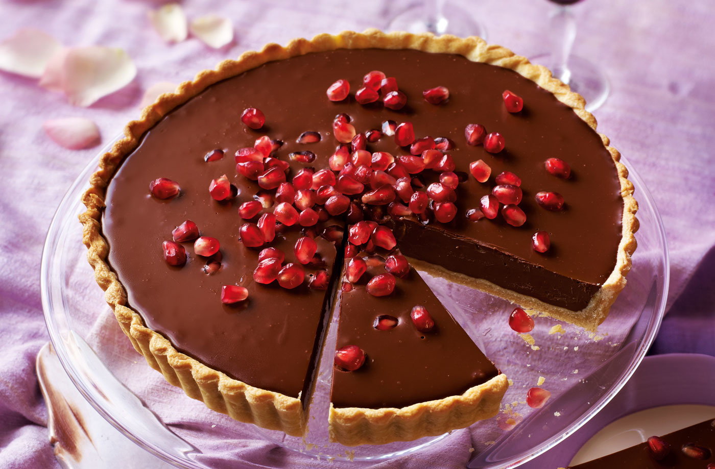 Dark chocolate and pomegranate tart