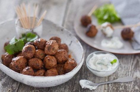 Image of "Tandoori lamb balls with raita dip"