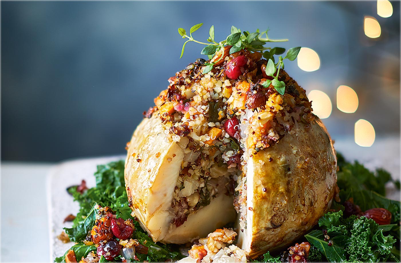 Stuffed celeriac with parsnip cream