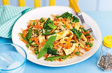 Image of "Vegetable fried rice with egg ribbons"