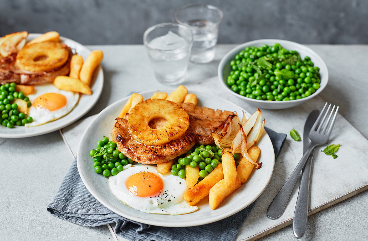 Pork, egg and chips