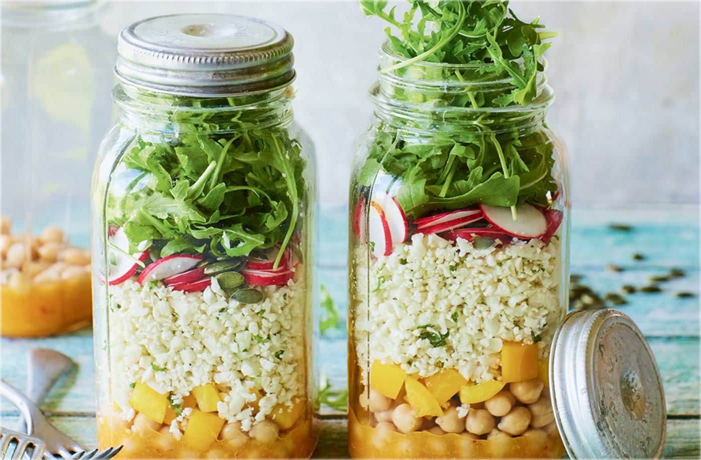 Cauliflower rice salad jars with mango dressing