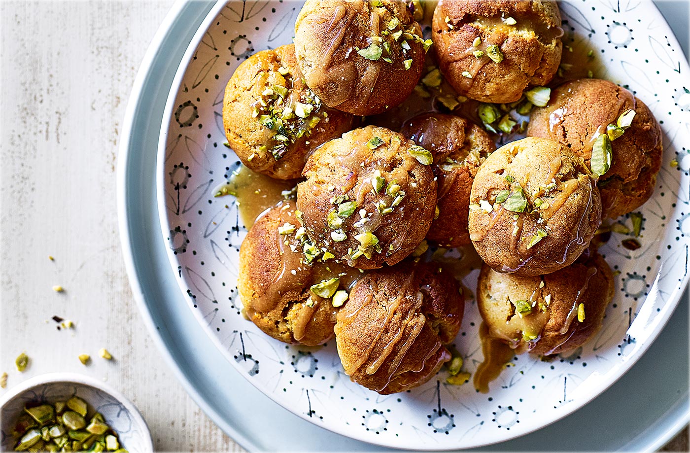 Vegan doughnut balls with tahini and maple drizzle
