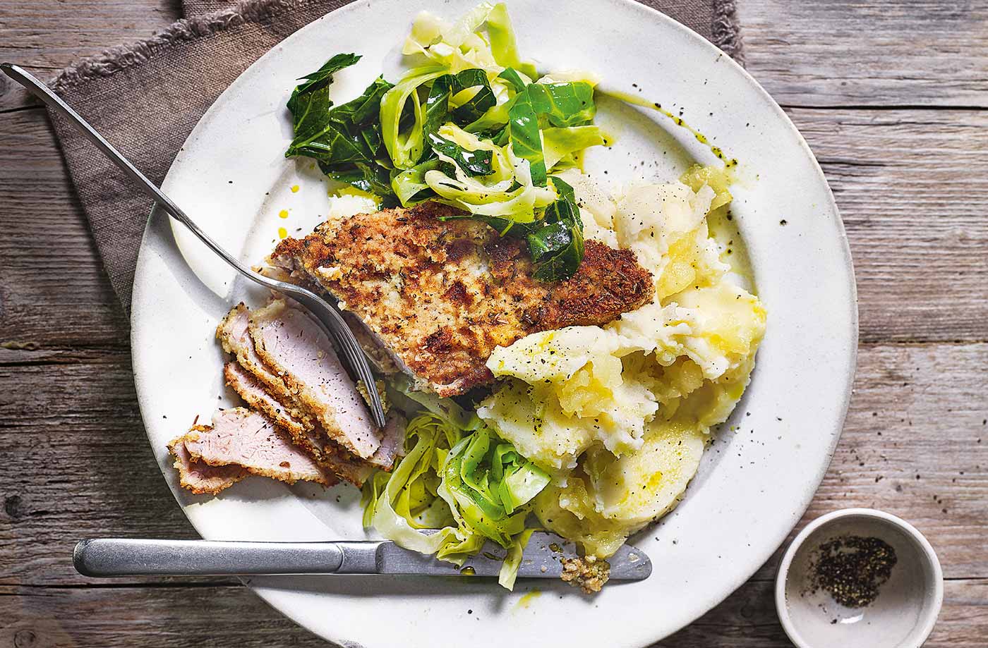 Sage pork with potato and apple mash