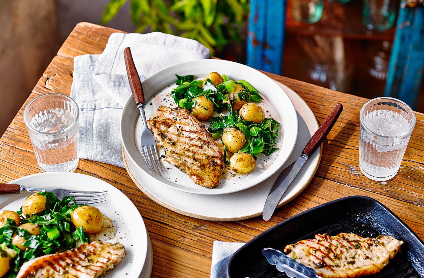 Herby marinated pork loin with potato salad