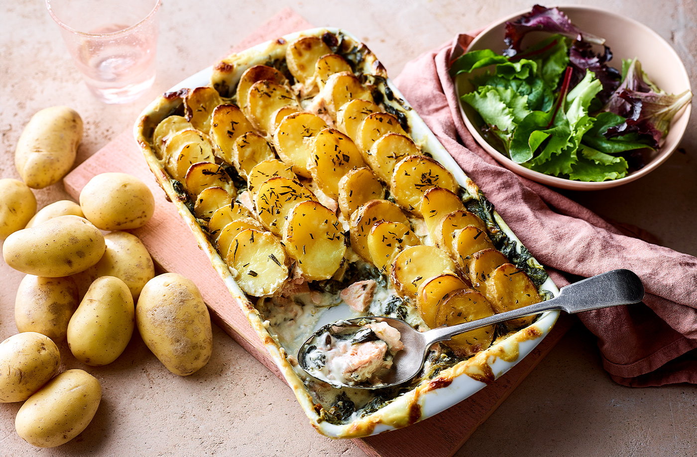 Jersey-Royal-topped salmon and spinach pie
