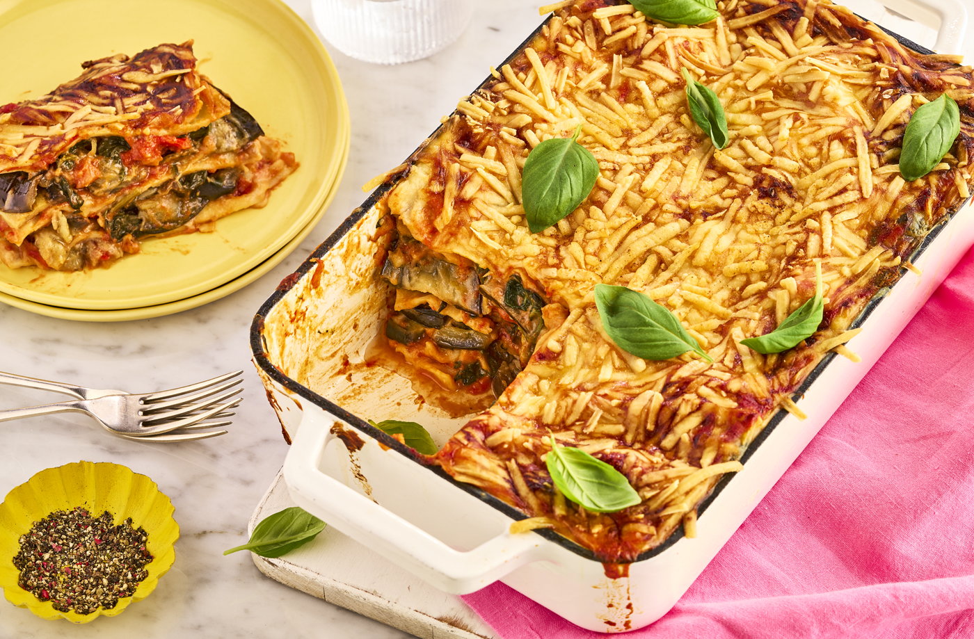 Big-batch aubergine and spinach lasagne