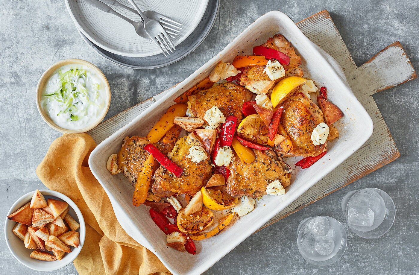 Chicken, pepper and pitta traybake 
