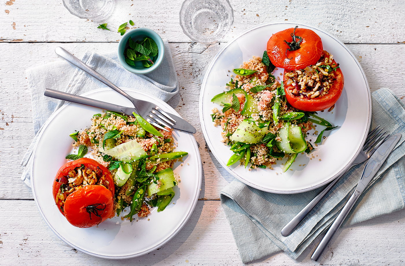 Turkey-stuffed tomatoes with wholewheat couscous salad