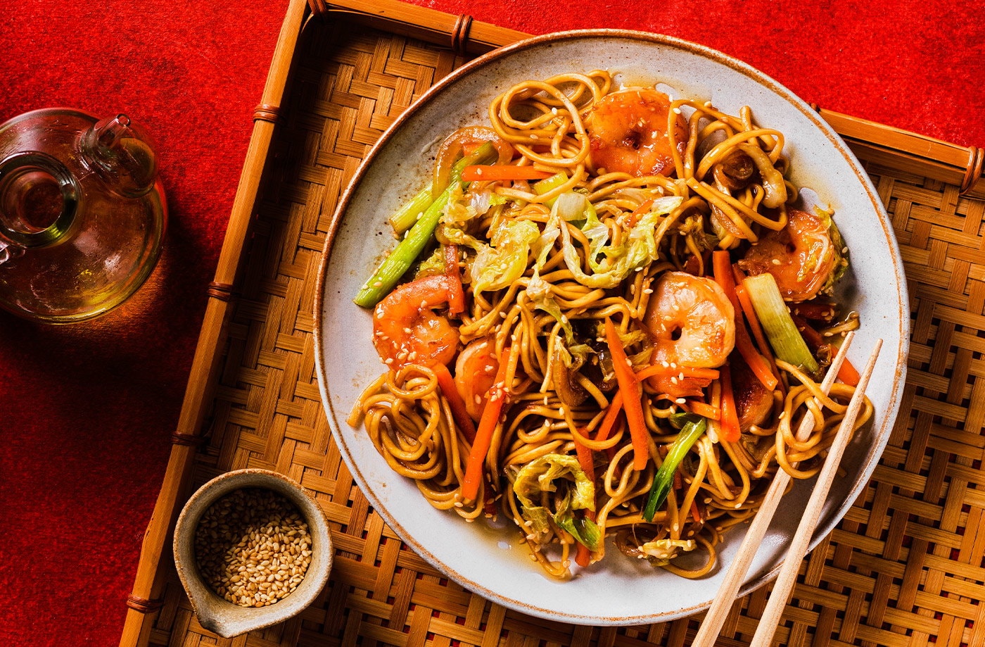 Golden 'long life' noodles with velvet king prawns