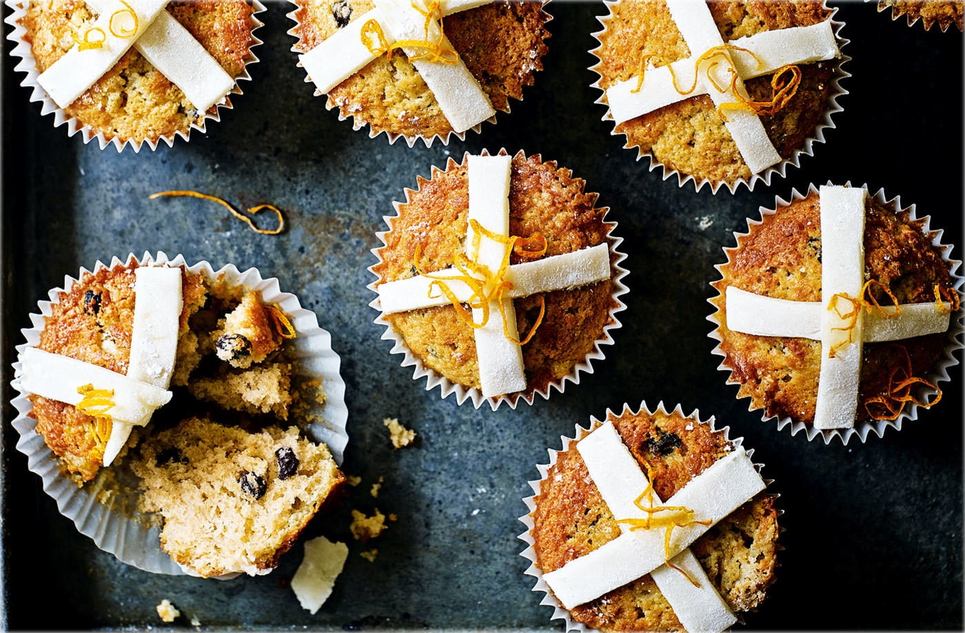 Orange and marzipan hot cross cupcakes