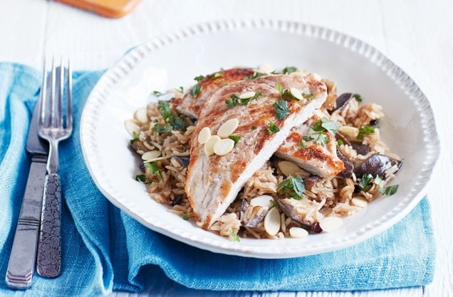 Spiced chicken with aubergine pilaf
