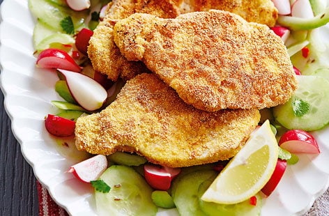 Image of "Pork schnitzel with spiced cucumber salad"