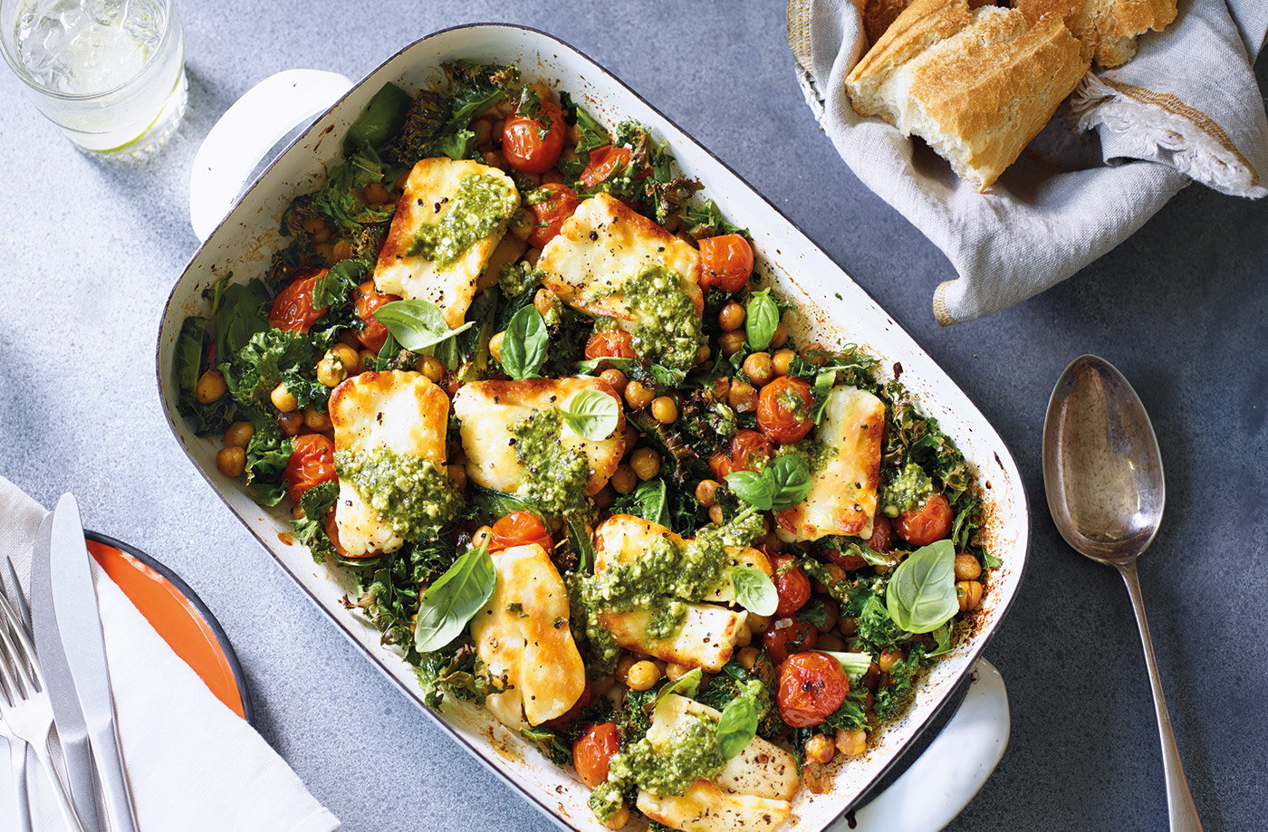Baked halloumi with chickpeas and greens