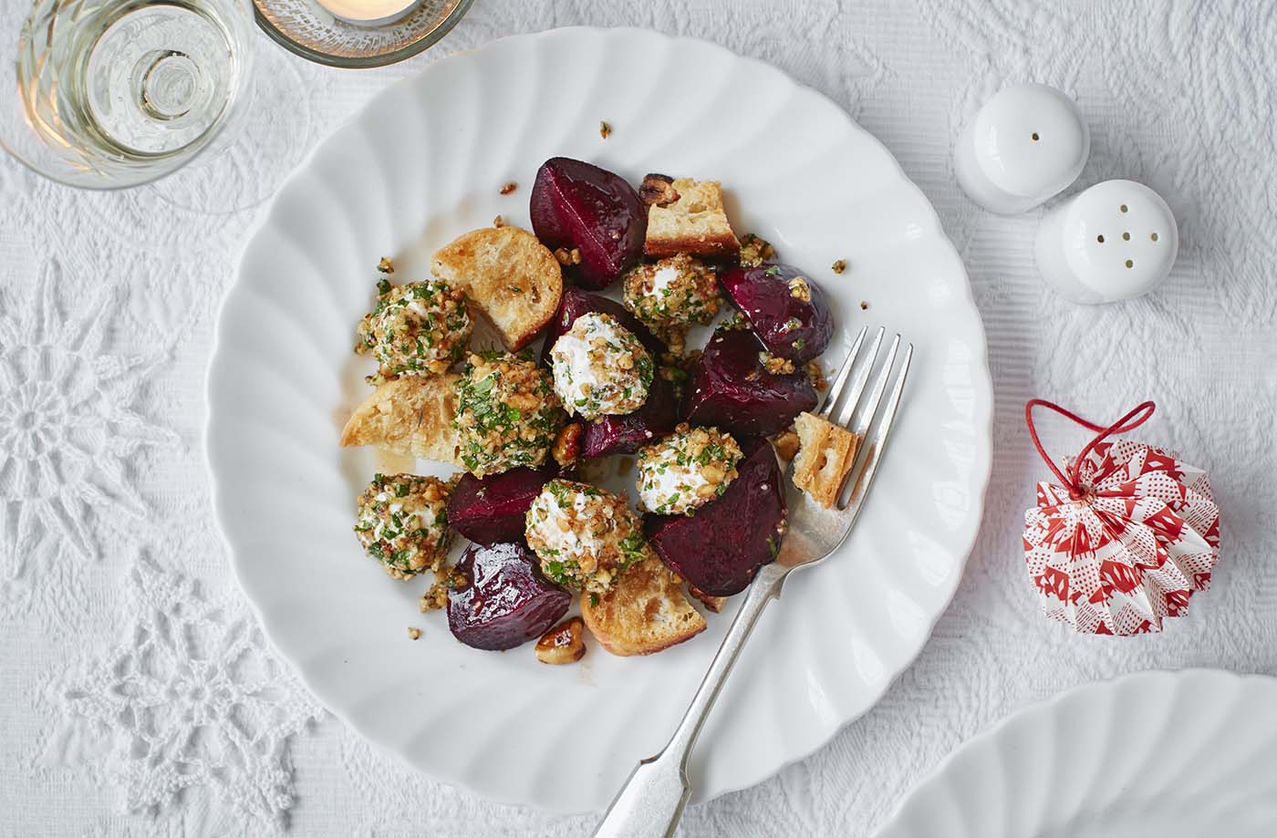 Walnut and herb-crusted goat’s cheese and beetroot salad