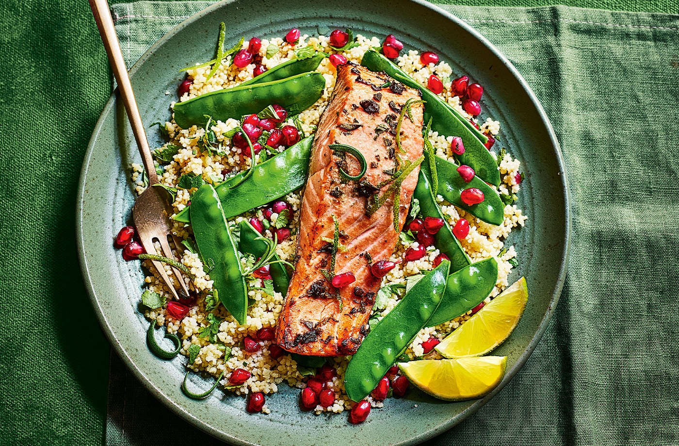 Pomegranate, sesame and lime air-fryer salmon