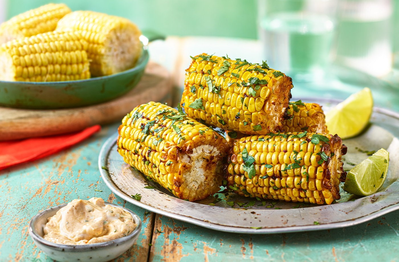 Herby corn cobettes with chipotle dip