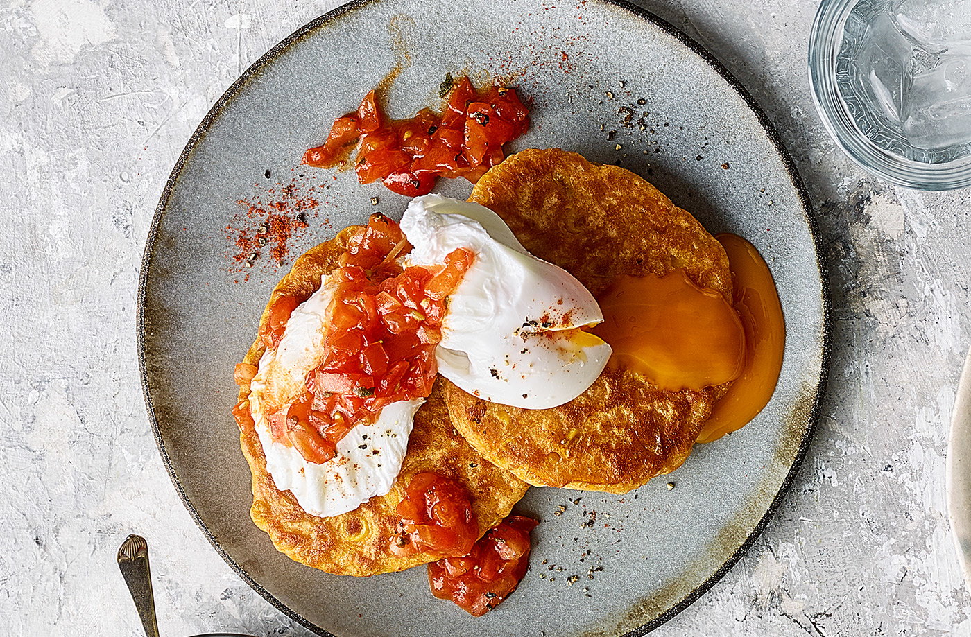 Sweetcorn pancakes with poached eggs and salsa