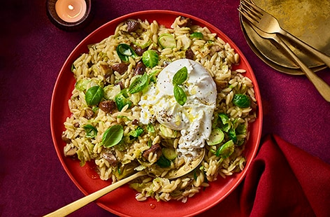 Image of "Brussels sprout and chestnut orzotto with burrata "