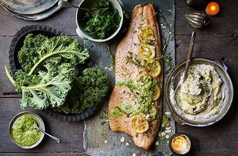 Image of "Kale and almond pesto with white bean mash"