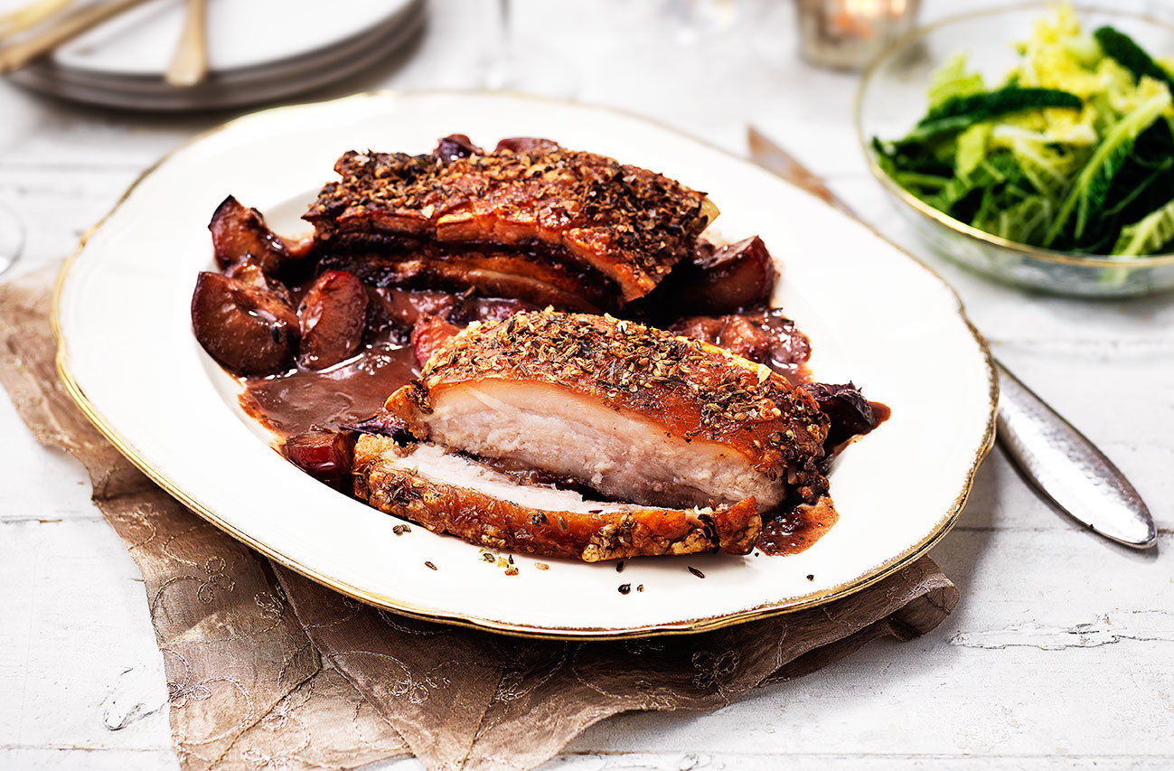 Image of "Roast pork belly with sloe gin plums"