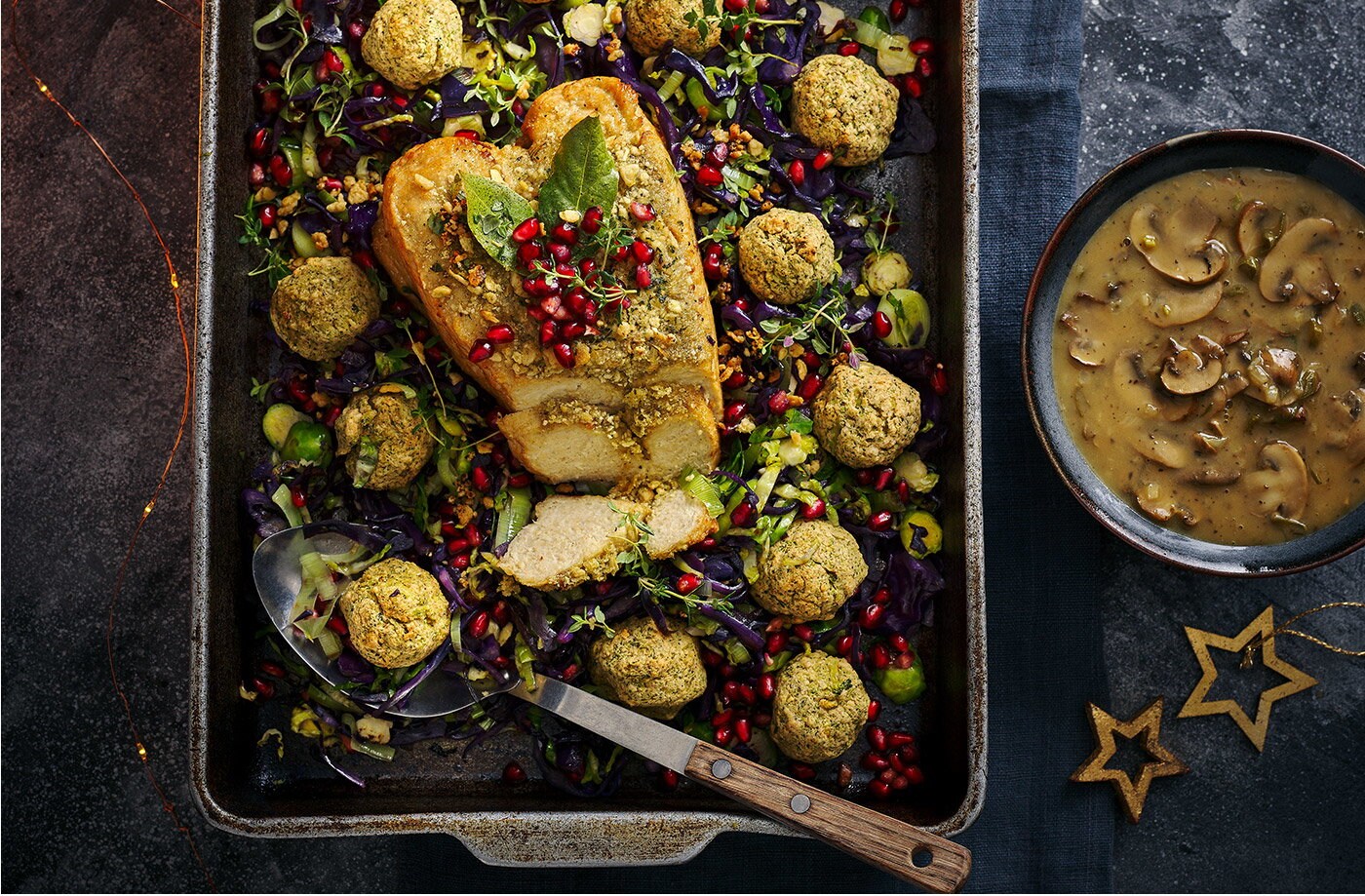 No-turkey roast crown with stuffing and mushroom gravy