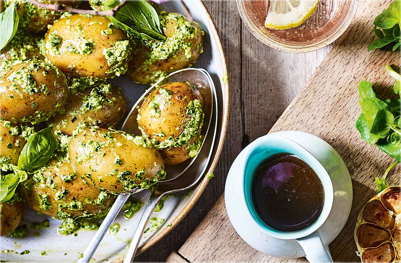 New potatoes with creamy basil and spinach pesto