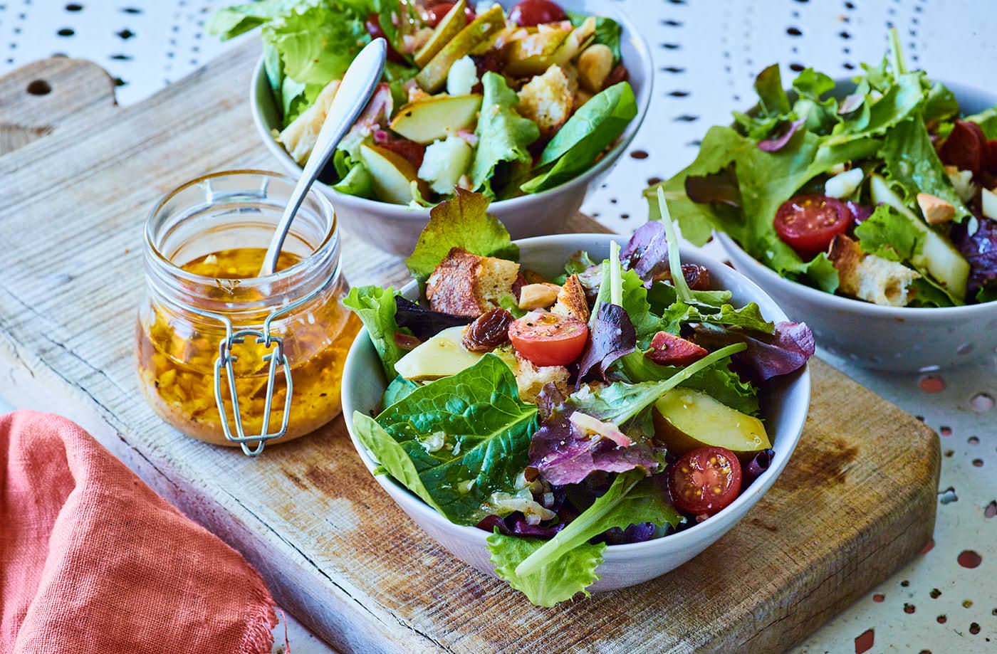Chorizo, pear and Manchego salad